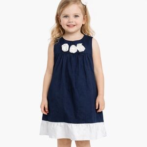 Gymboree Marina Navy Blue White Rosette & Trim 100% Cotton Infant Girls Dress